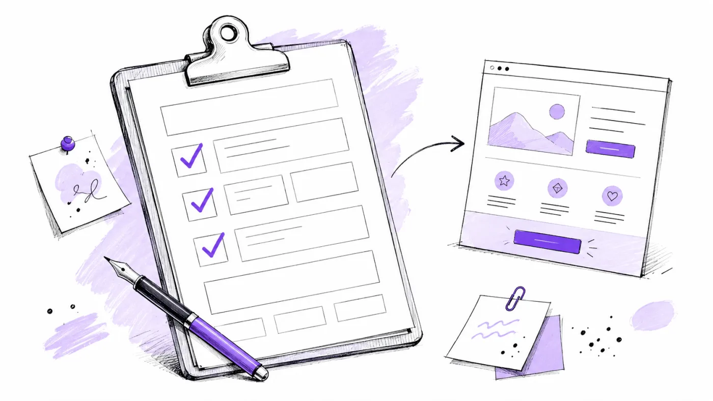 Rysunkowy brief z listą zadań, ołówkiem i projektem landing page w fioletach LPC
